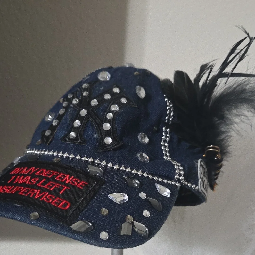 Stylish Blue NYC with Feather and Rhinestones
